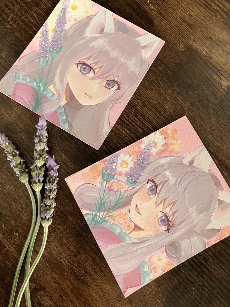 【手描き原画】猫耳少女とラベンダーの庭 / アクリル画・色紙