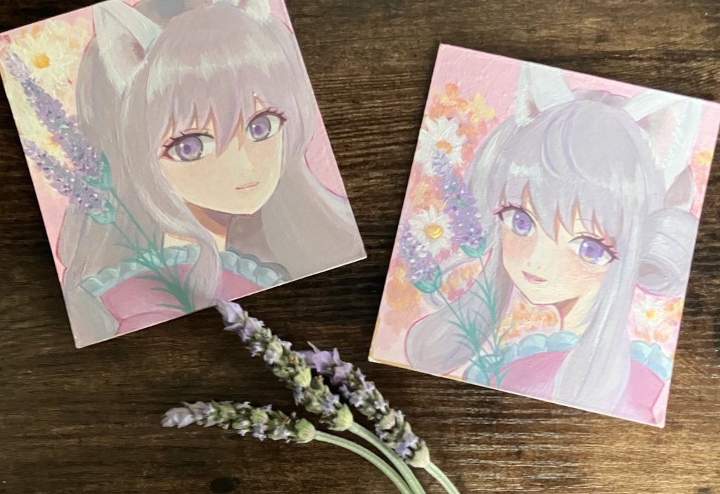 【手描き原画】猫耳少女とラベンダーの庭 / アクリル画・色紙