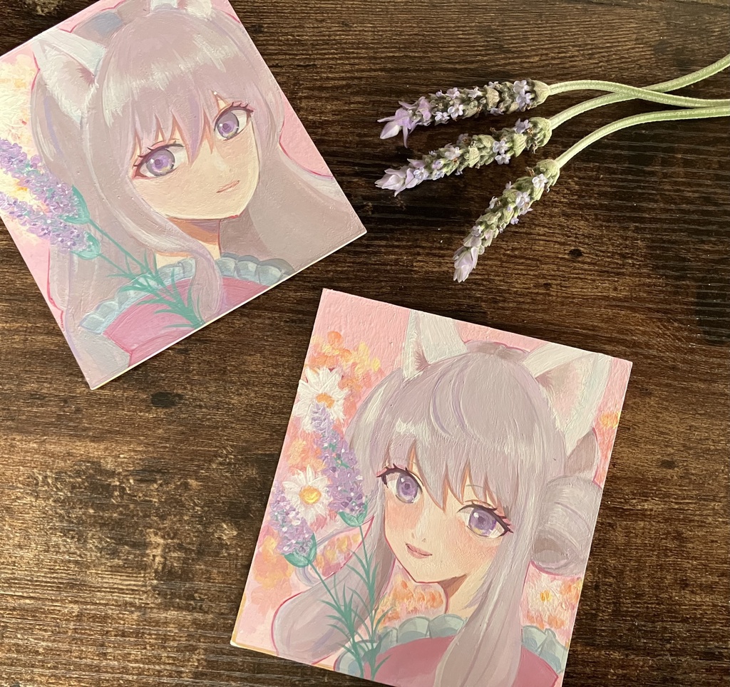 【手描き原画】猫耳少女とラベンダーの庭 / アクリル画・色紙