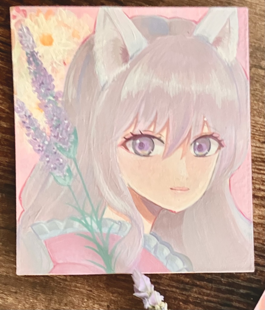 【手描き原画】猫耳少女とラベンダーの庭 / アクリル画・色紙