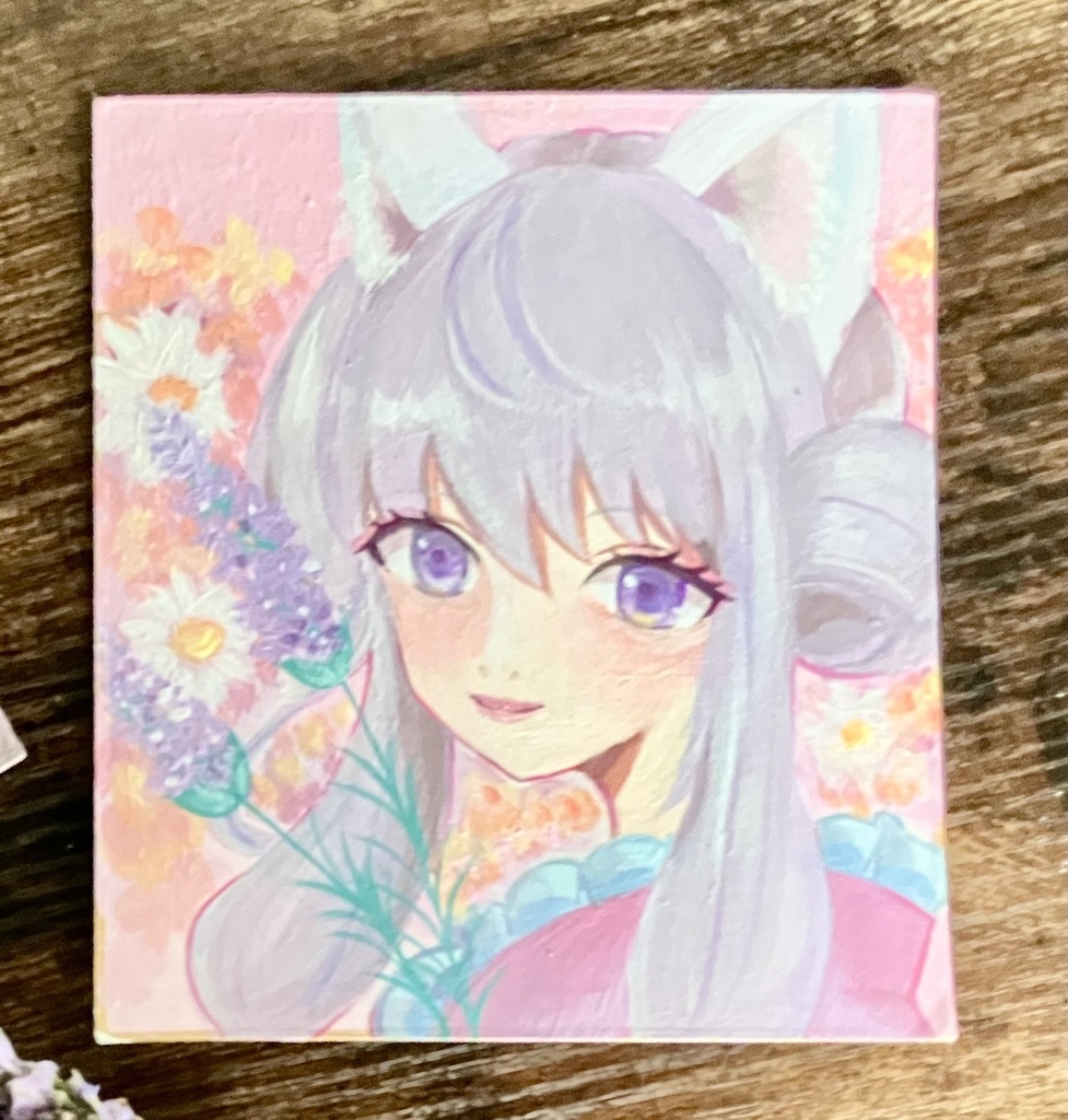 一点物【原画】白猫の女の子(お団子)ラベンダーとアクリルイラスト