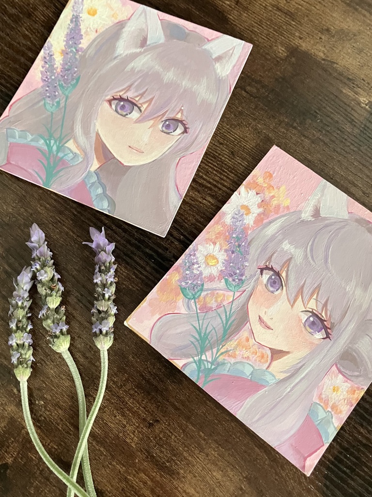 一点物【原画】白猫の女の子(お団子)ラベンダーとアクリルイラスト