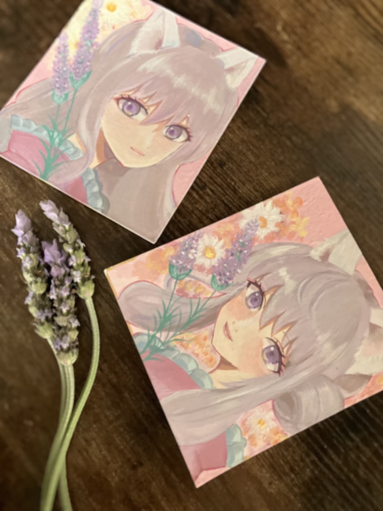 一点物【原画】白猫の女の子(お団子)ラベンダーとアクリルイラスト