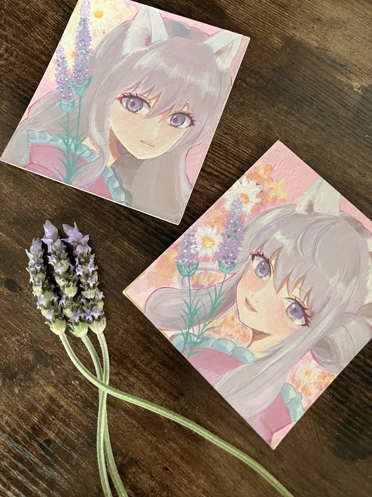 一点物【原画】白猫の女の子(お団子)ラベンダーとアクリルイラスト