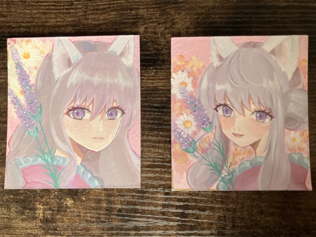 一点物【原画】白猫の女の子(お団子)ラベンダーとアクリルイラスト