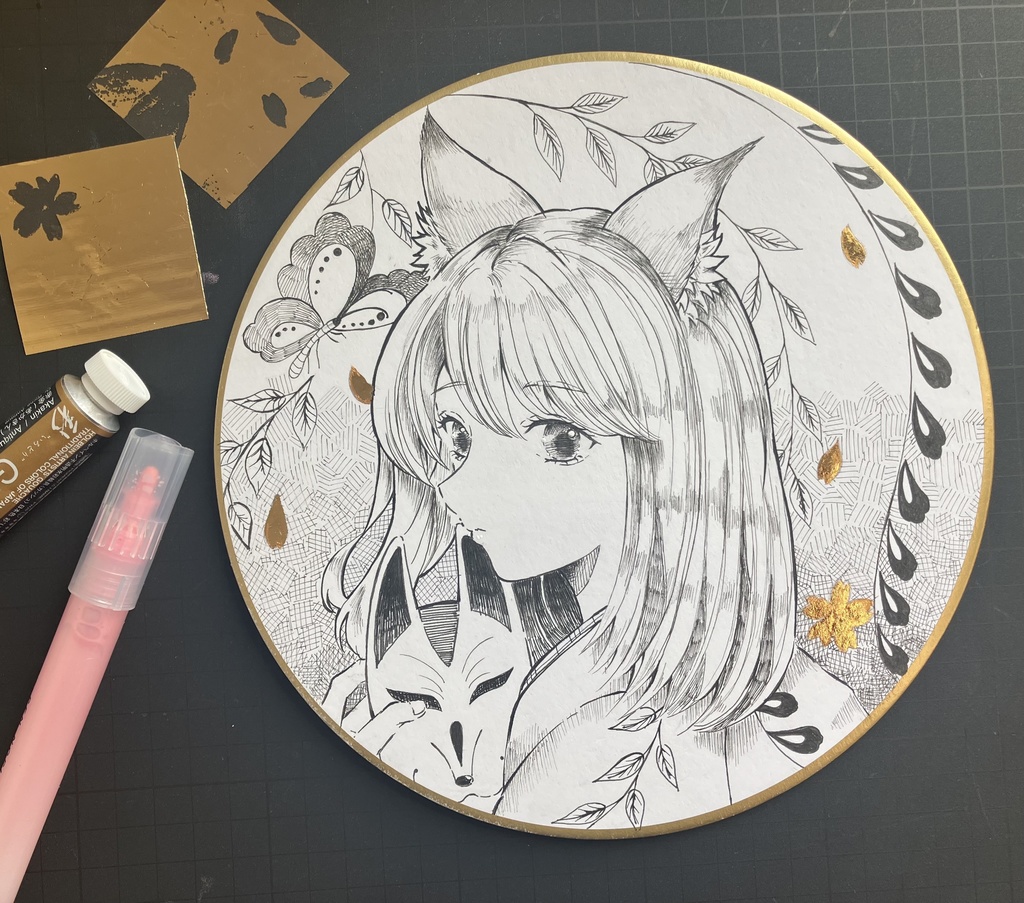 【本金箔使用・原画】藤娘の狐さん - 狐の嫁入り / 手描き和風イラスト一点物