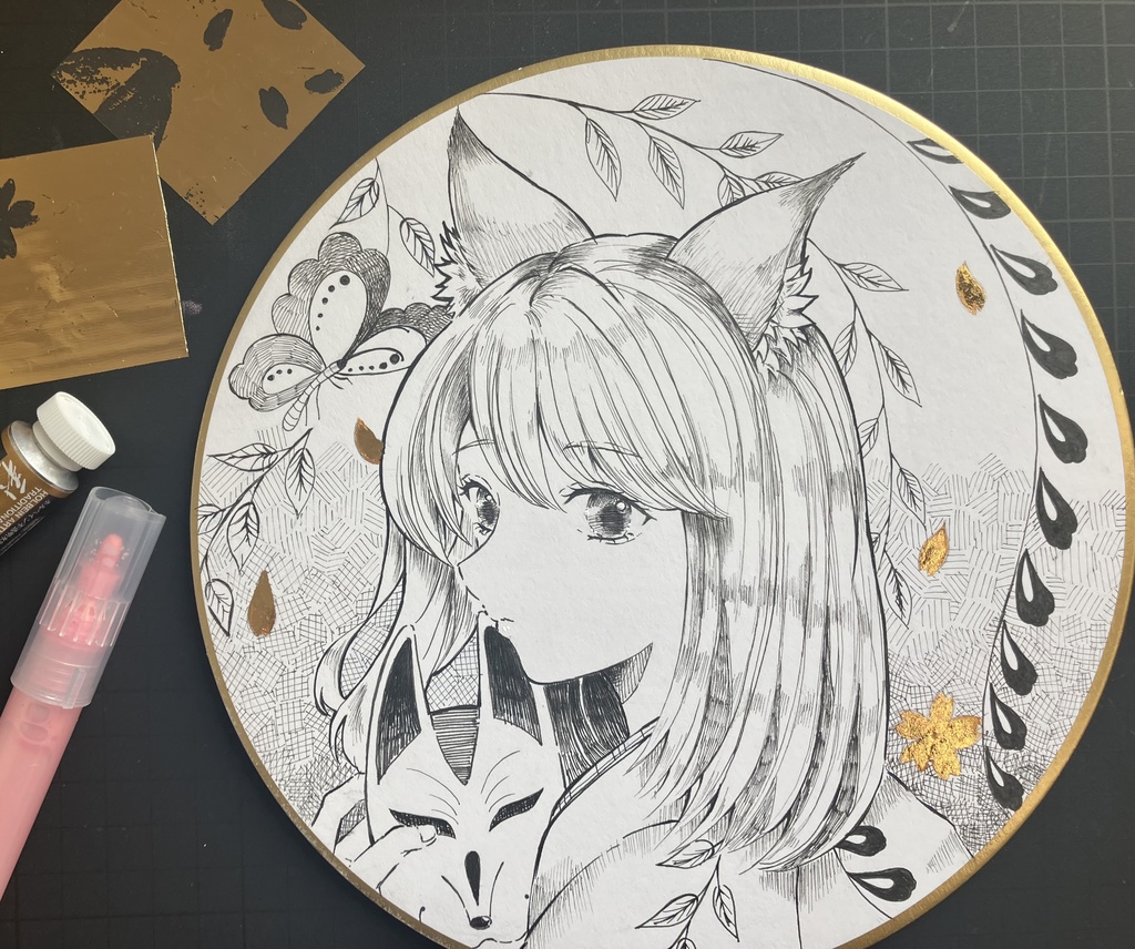 【本金箔使用・原画】藤娘の狐さん - 狐の嫁入り / 手描き和風イラスト一点物