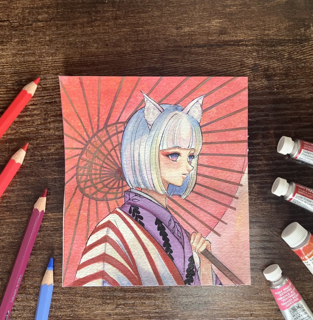 【手描き原画】和傘の狐耳(寸松庵色紙サイズ)★キラキラ水彩紙使用