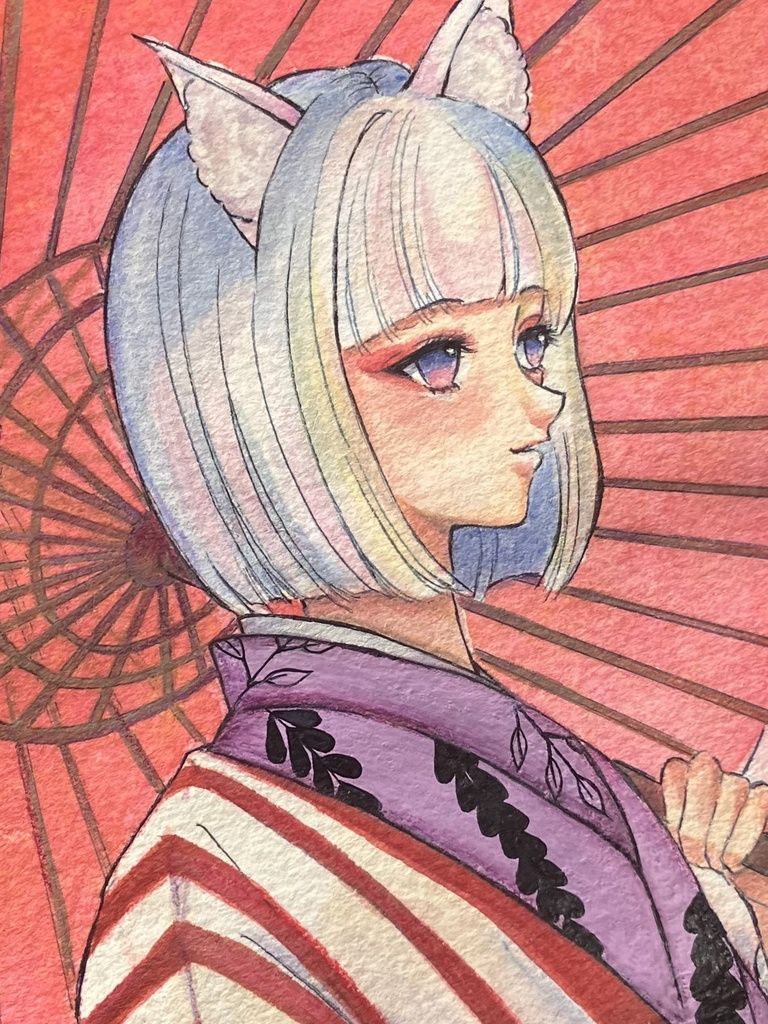 【手描き原画】和傘の狐耳(寸松庵色紙サイズ)★キラキラ水彩紙使用