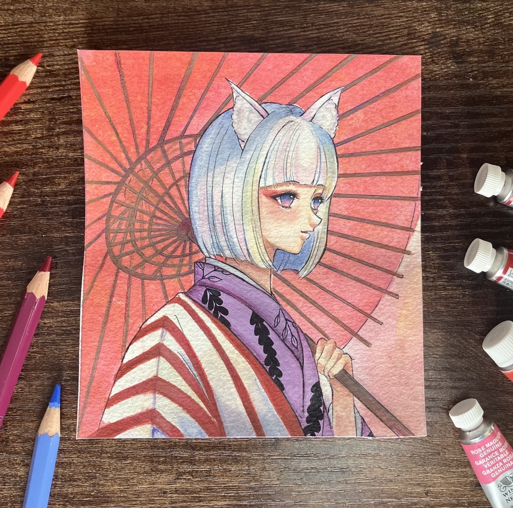【手描き原画】和傘の狐耳(寸松庵色紙サイズ)★キラキラ水彩紙使用