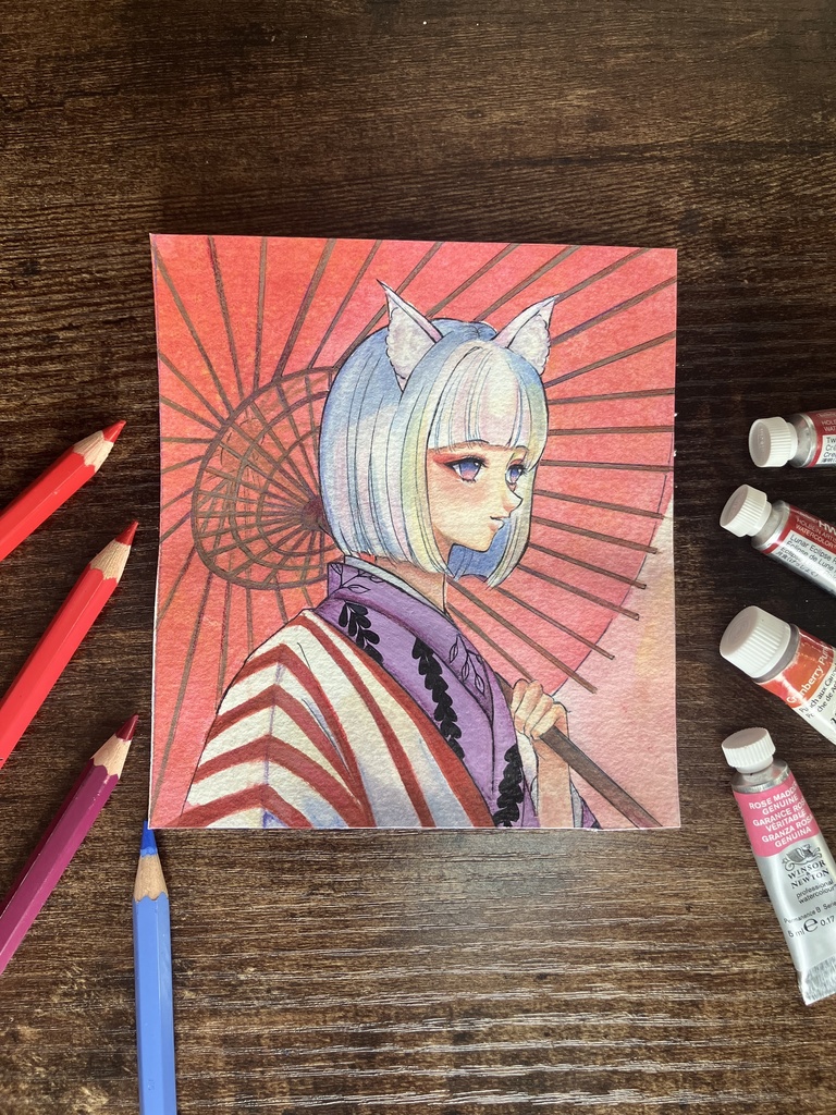 【手描き原画】和傘の狐耳(寸松庵色紙サイズ)★キラキラ水彩紙使用