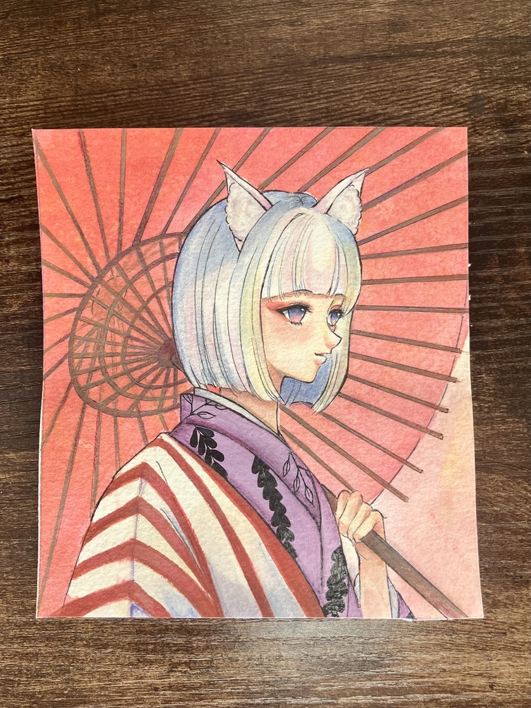 【手描き原画】和傘の狐耳(寸松庵色紙サイズ)★キラキラ水彩紙使用