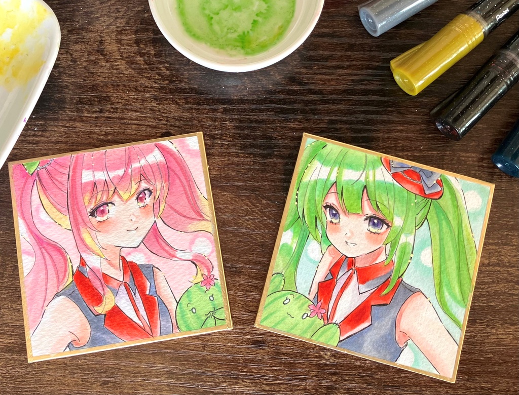コピック豆色紙　色紙原画　原画販売　　手描き色紙　緑の髪の子