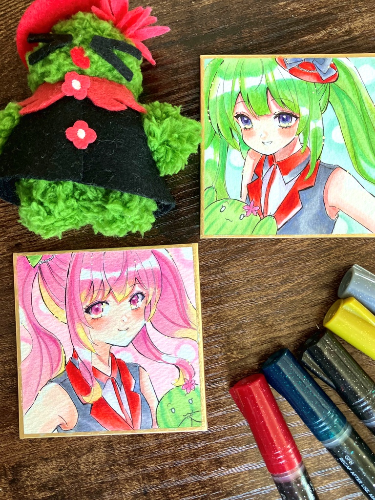 コピック豆色紙 色紙原画 原画販売 手描き色紙 緑の髪の子