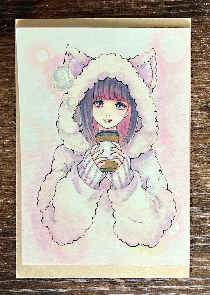 猫耳ちゃん 透明水彩原画 コピック原画 猫耳パーカー