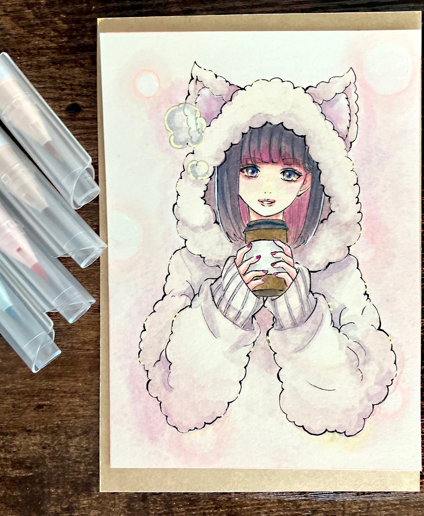 猫耳ちゃん　透明水彩原画　コピック原画　猫耳パーカー