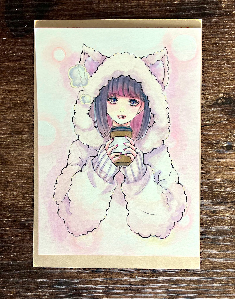 猫耳ちゃん 透明水彩原画 コピック原画 猫耳パーカー