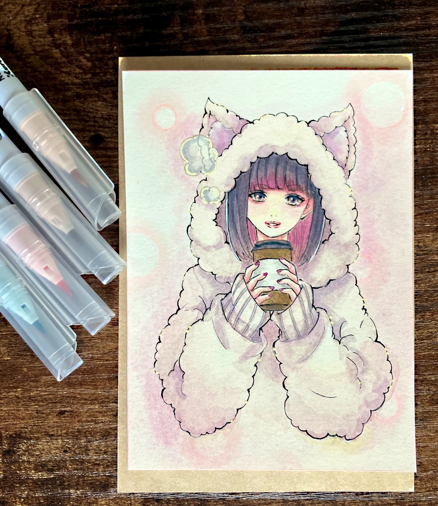 猫耳ちゃん 透明水彩原画 コピック原画 猫耳パーカー
