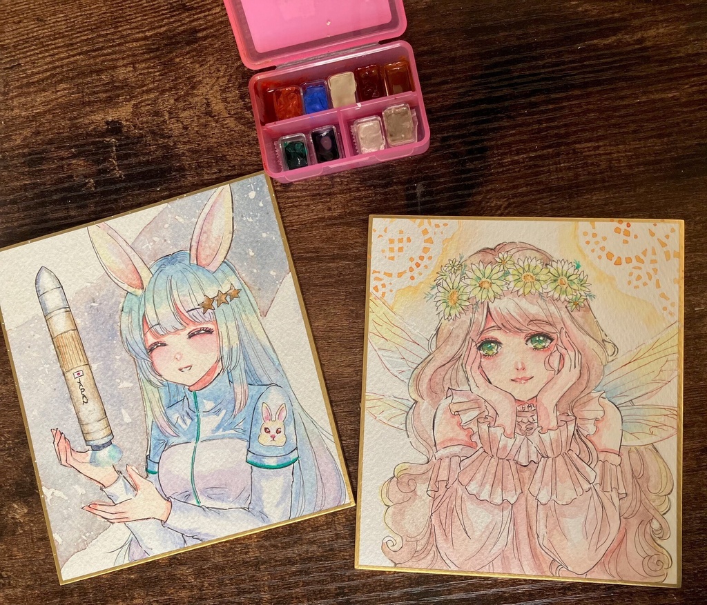 【手描きイラスト原画】~ロケットとうさ耳ちゃん~(透明水彩/一点物色紙)