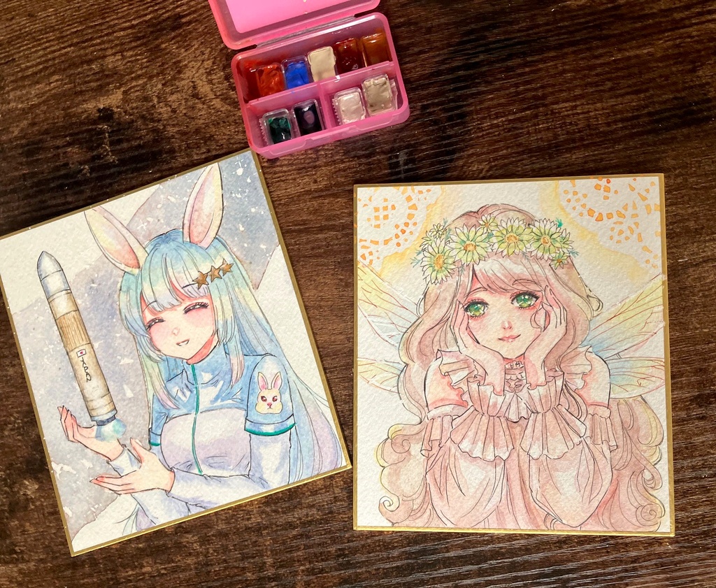 【手描きイラスト原画】~ロケットとうさ耳ちゃん~(透明水彩/一点物色紙)
