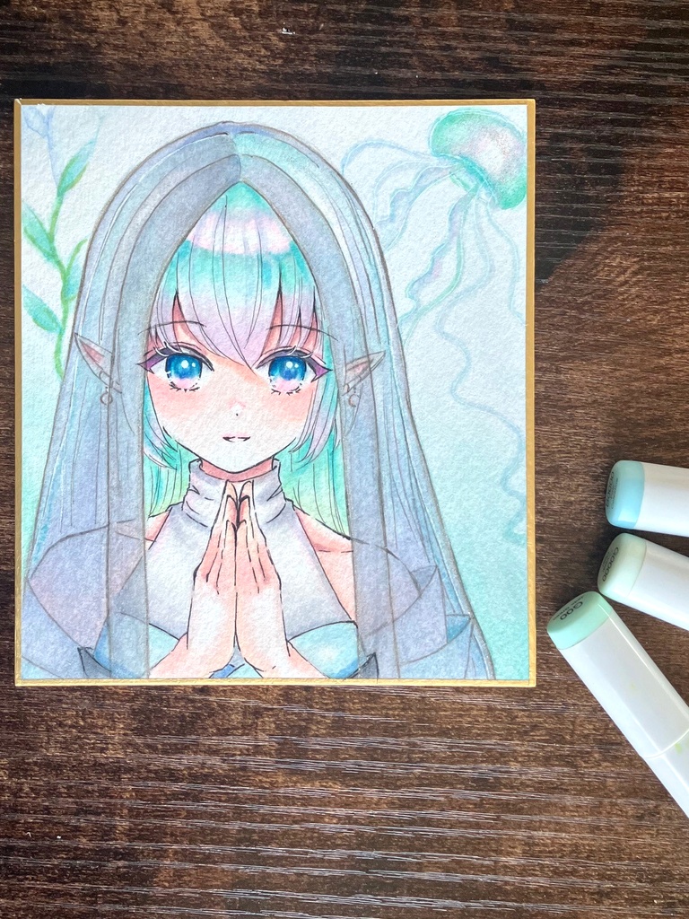 コピック色紙 寸松庵手描き色紙 手描き色紙一点物 八尾比丘尼さん