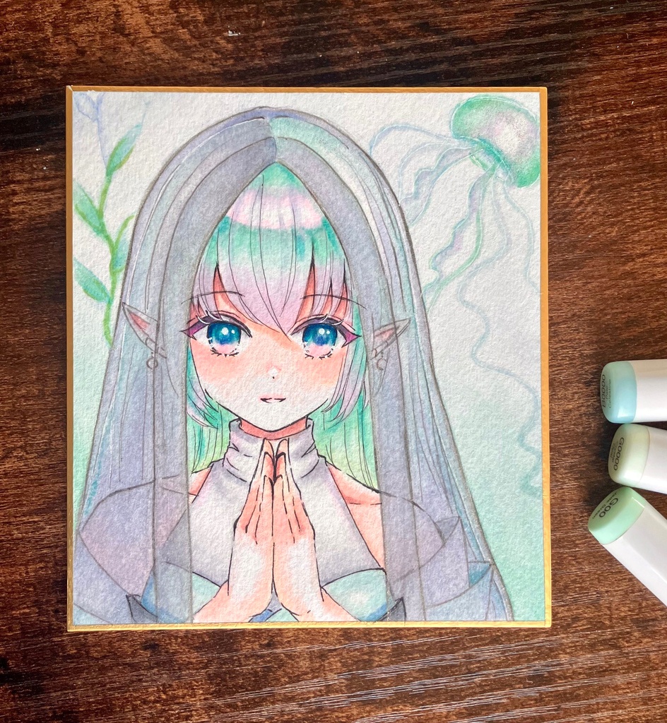 コピック色紙 寸松庵手描き色紙 手描き色紙一点物 八尾比丘尼さん