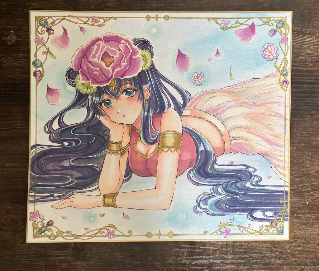 【一点物原画】手描き大色紙イラスト「花園」チャイナドレスの少女(水彩/コピック)