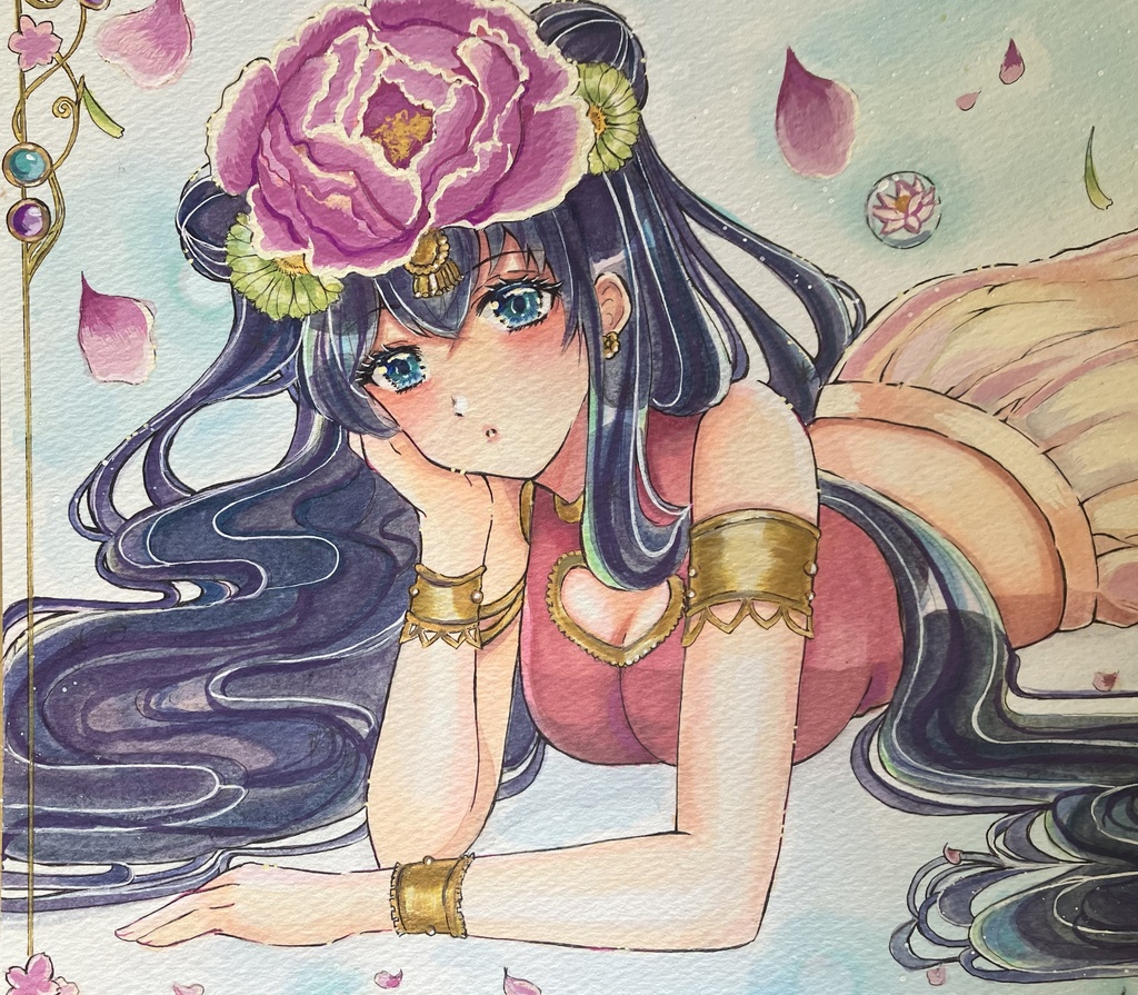 【一点物原画】手描き大色紙イラスト「花園」チャイナドレスの少女（水彩/コピック）