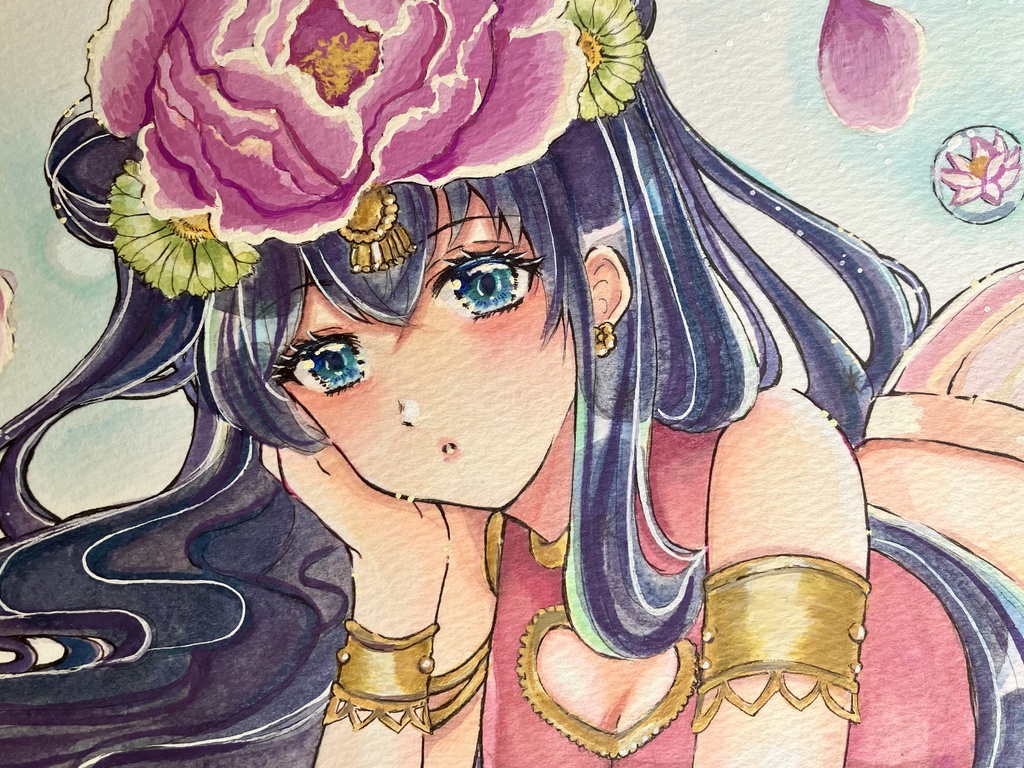 【一点物原画】手描き大色紙イラスト「花園」チャイナドレスの少女(水彩/コピック)