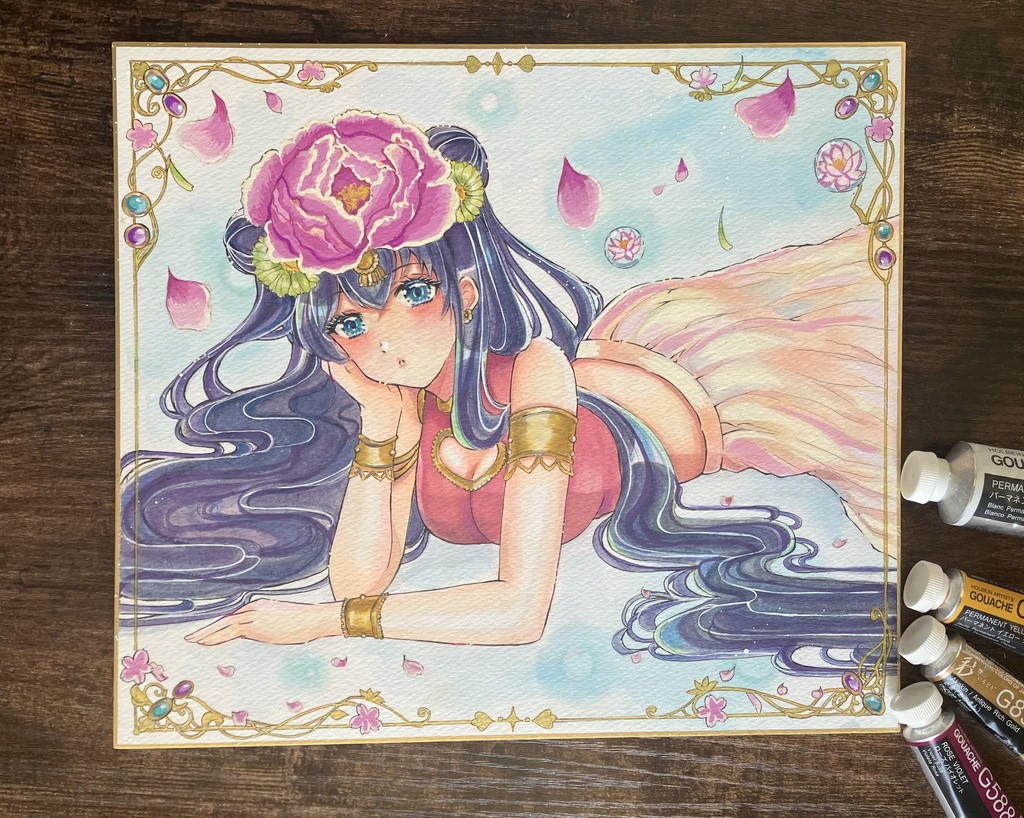 【一点物原画】手描き大色紙イラスト「花園」チャイナドレスの少女(水彩/コピック)