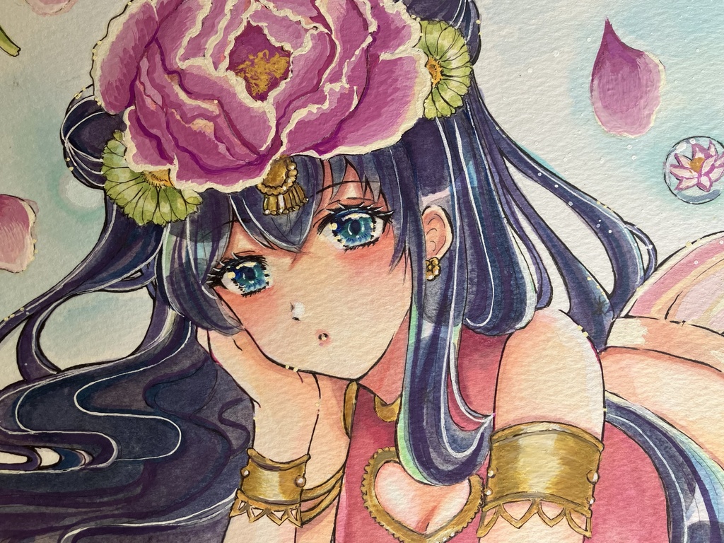 【一点物原画】手描き大色紙イラスト「花園」チャイナドレスの少女(水彩/コピック)