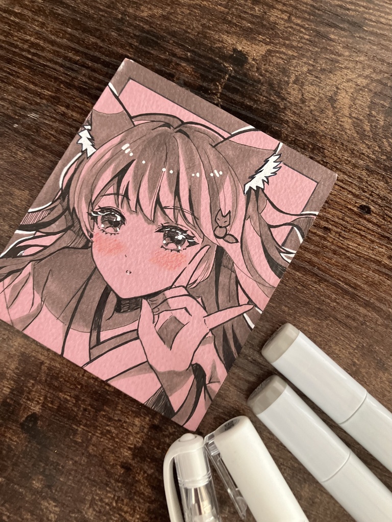 【両面直筆原画】|手描き一点物|オリジナル狐耳巫女少女・和風・コピック