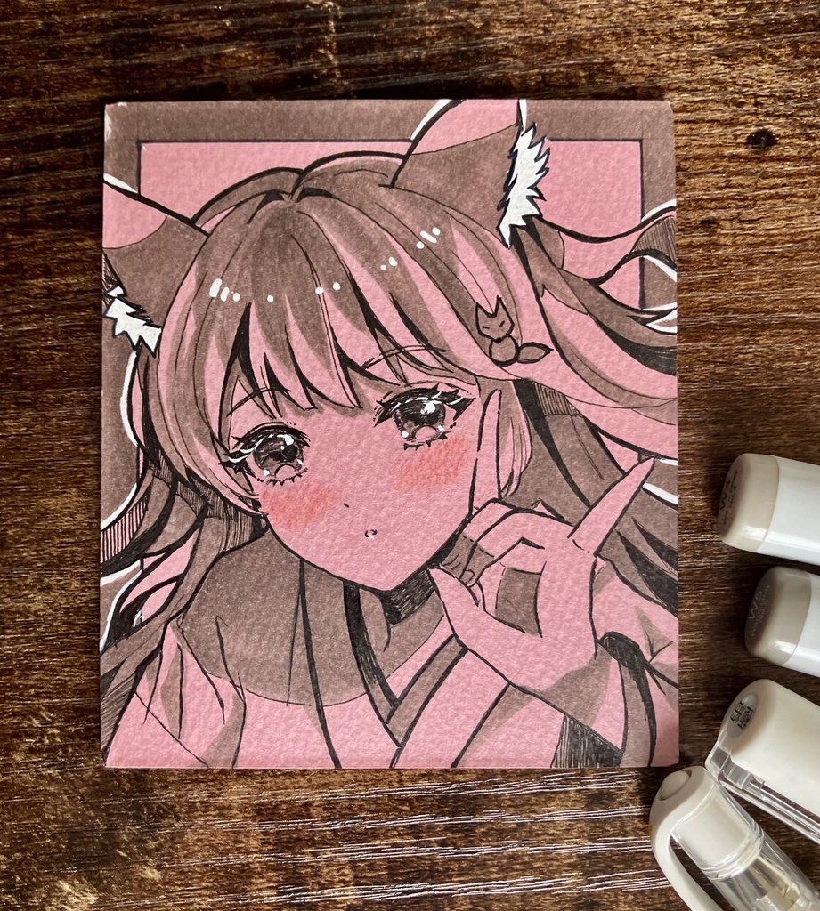 【両面直筆原画】|手描き一点物|オリジナル狐耳巫女少女・和風・コピック