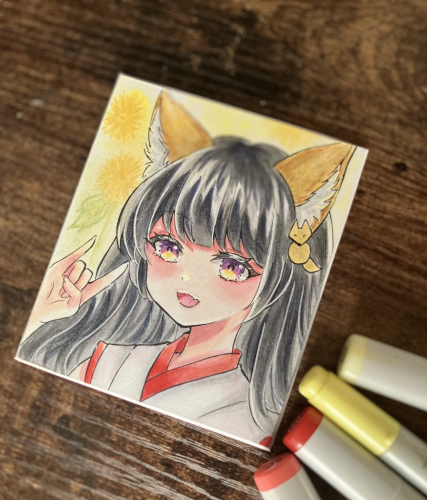 【両面直筆原画】|手描き一点物|オリジナル狐耳巫女少女・和風・コピック