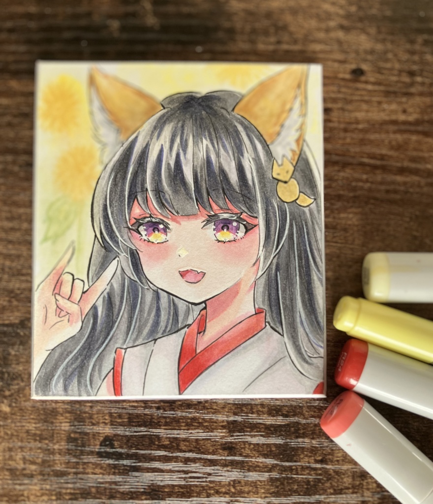 【両面直筆原画】|手描き一点物|オリジナル狐耳巫女少女・和風・コピック