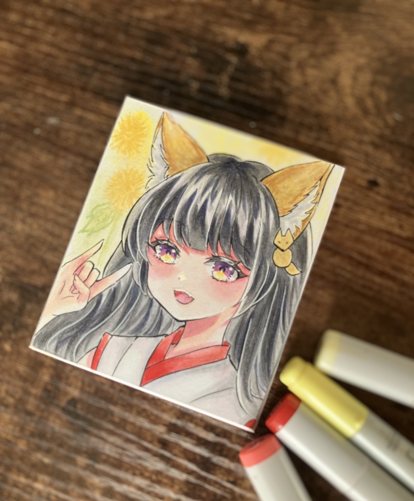 【両面直筆原画】|手描き一点物|オリジナル狐耳巫女少女・和風・コピック