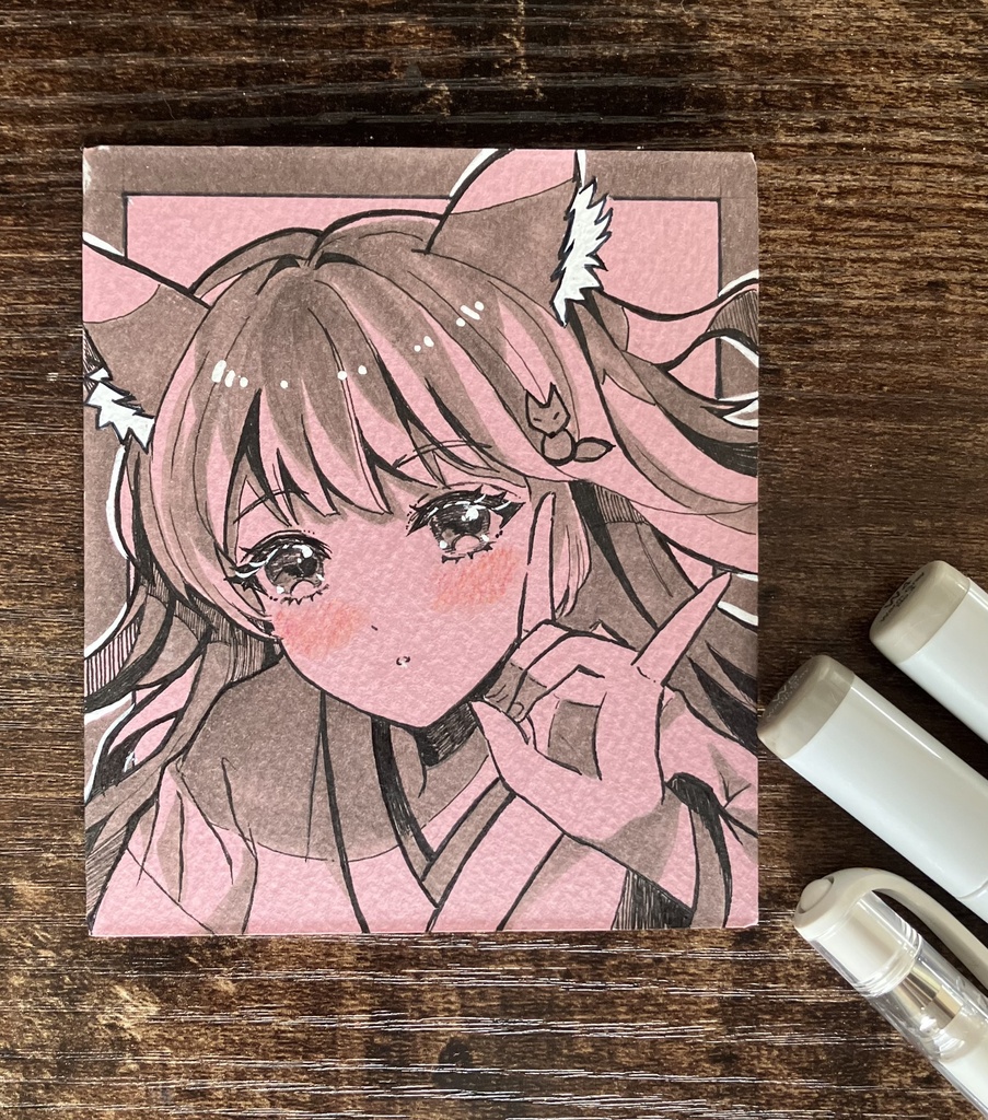 【両面直筆原画】|手描き一点物|オリジナル狐耳巫女少女・和風・コピック