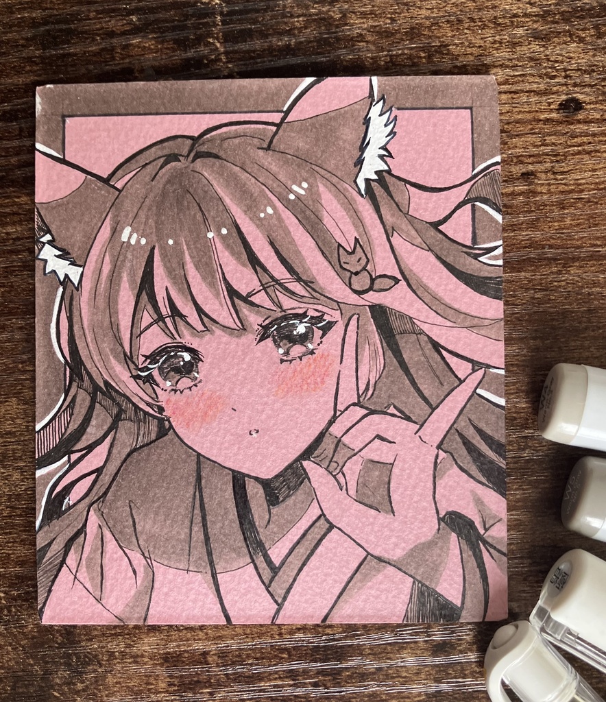 【両面直筆原画】|手描き一点物|オリジナル狐耳巫女少女・和風・コピック