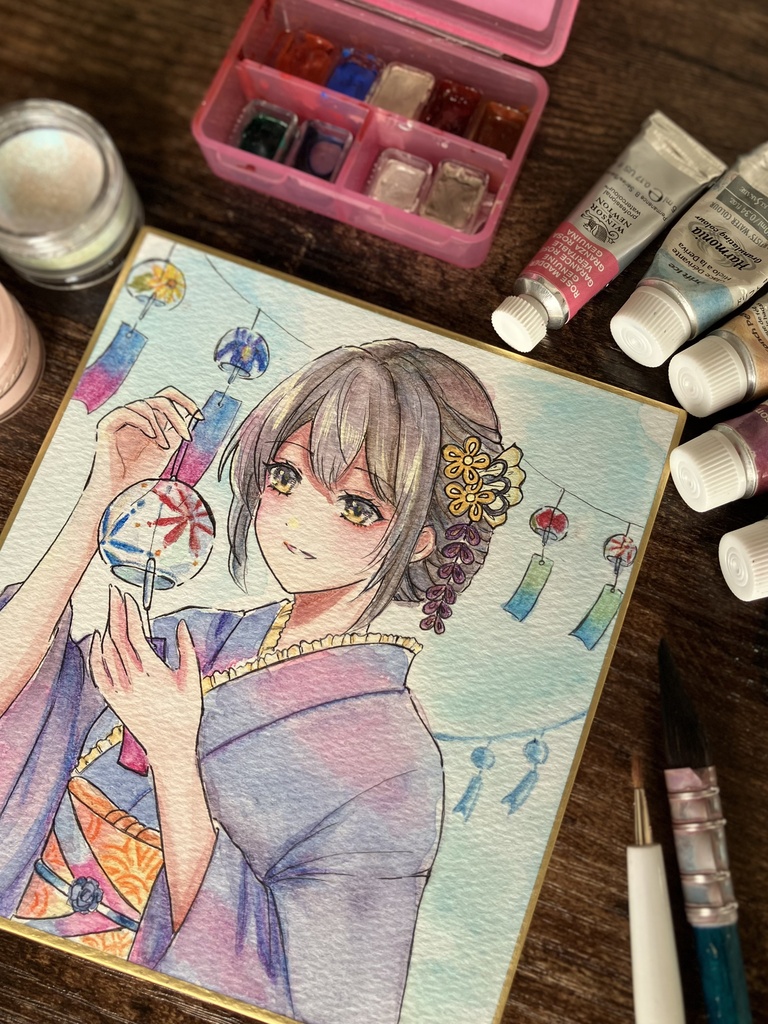 【手描き原画一点物】風鈴と浴衣少女 - 透明水彩イラスト(寸松庵色紙)