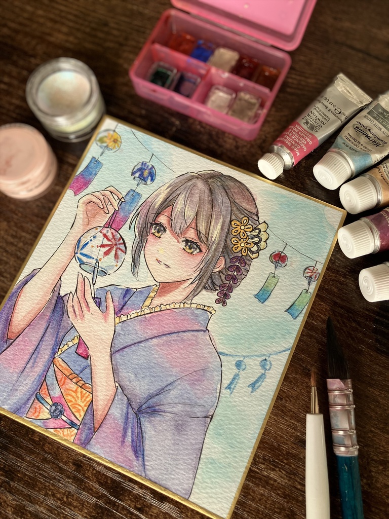 【手描き原画一点物】風鈴と浴衣少女 - 透明水彩イラスト(寸松庵色紙)