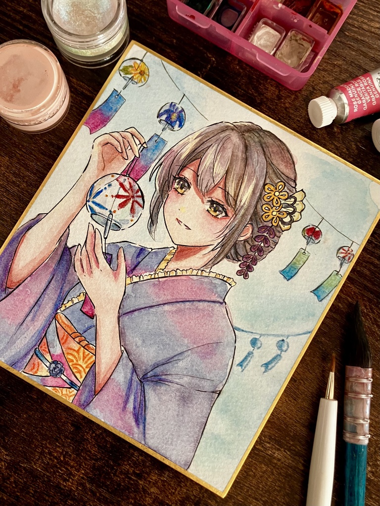 【手描き原画一点物】風鈴と浴衣少女 - 透明水彩イラスト(寸松庵色紙)