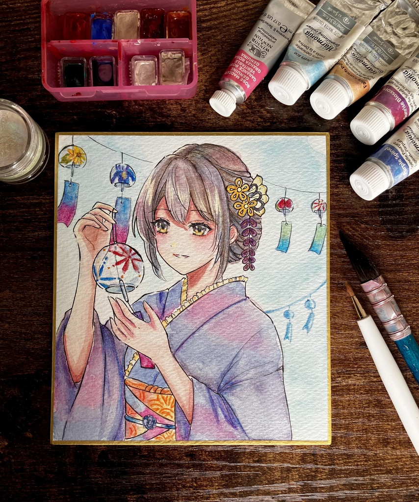 【手描き原画一点物】風鈴と浴衣少女 - 透明水彩イラスト(寸松庵色紙)