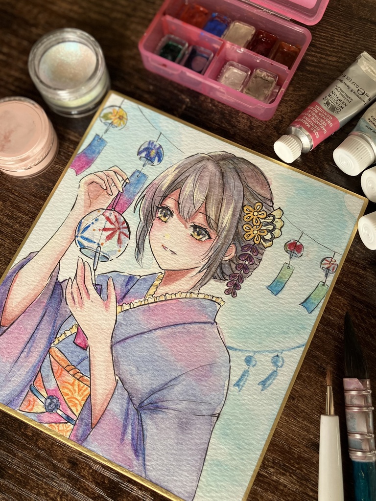 【手描き原画一点物】風鈴と浴衣少女 - 透明水彩イラスト(寸松庵色紙)