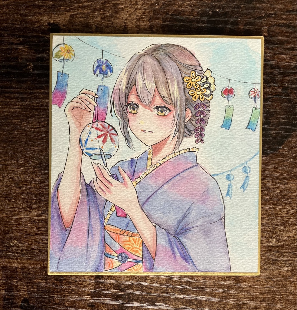 【手描き原画一点物】風鈴と浴衣少女 - 透明水彩イラスト(寸松庵色紙)