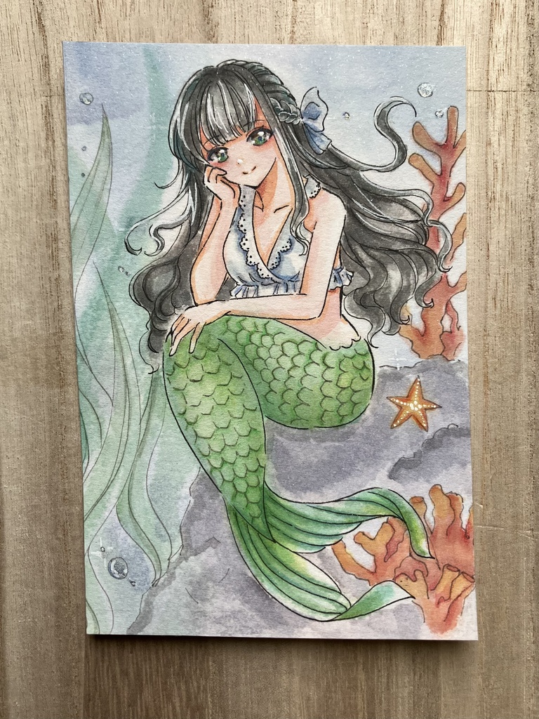 【手描き原画】『水底のまどろみ』人魚姫 とサンゴ🪸/ 透明水彩イラスト