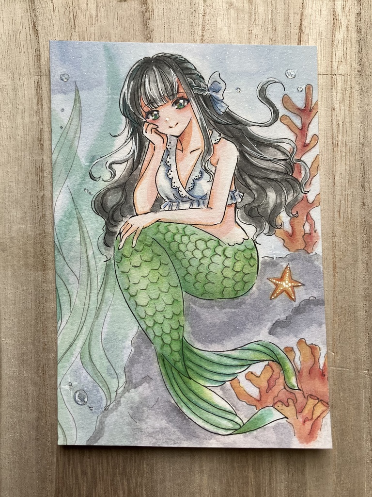 【手描き原画】『水底のまどろみ』人魚姫 とサンゴ🪸/ 透明水彩イラスト