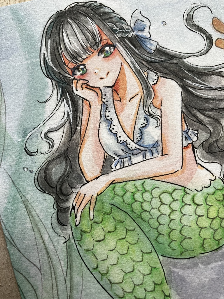【手描き原画】『水底のまどろみ』人魚姫 とサンゴ🪸/ 透明水彩イラスト