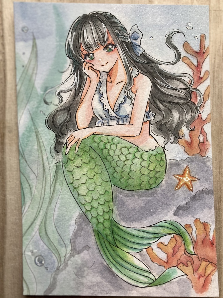 【手描き原画】『水底のまどろみ』人魚姫 とサンゴ🪸/ 透明水彩イラスト