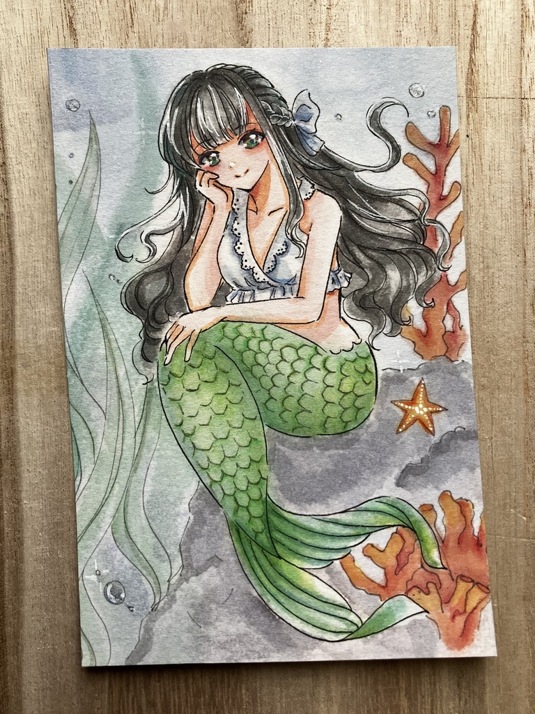 【手描き原画】『水底のまどろみ』人魚姫 とサンゴ🪸/ 透明水彩イラスト