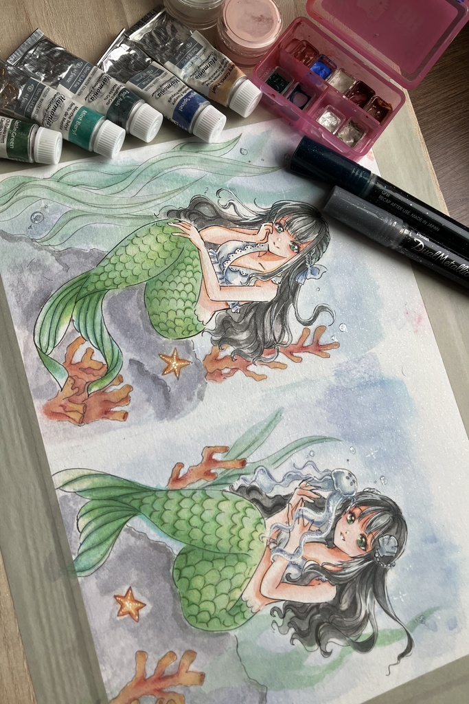 【手描き原画】『水底のまどろみ』人魚姫 とサンゴ🪸/ 透明水彩イラスト